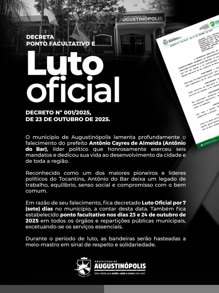 Prefeitura decreta luto oficial pelo falecimento do prefeito Antônio Cayres de Almeida